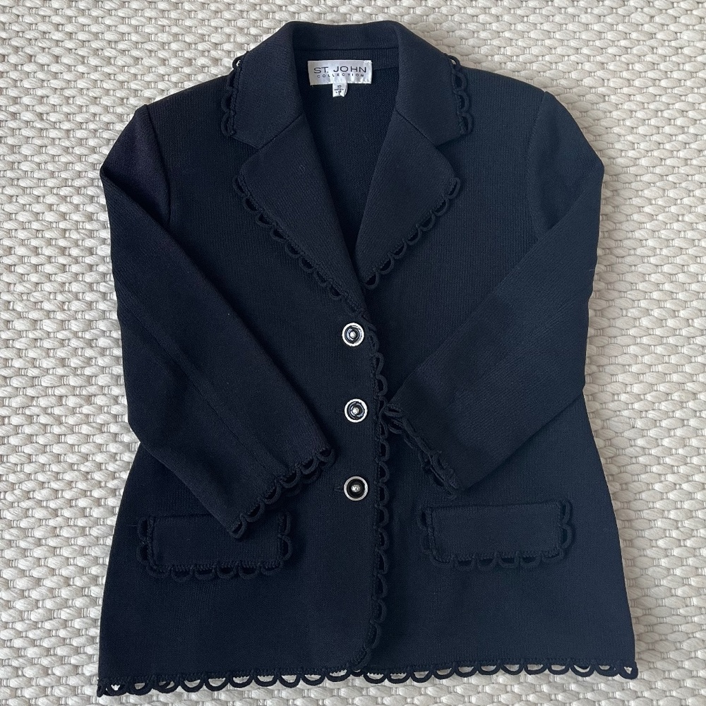 St John Collection Womens Black Santana Knit 10 Jacket Blazer Scalloped Evening